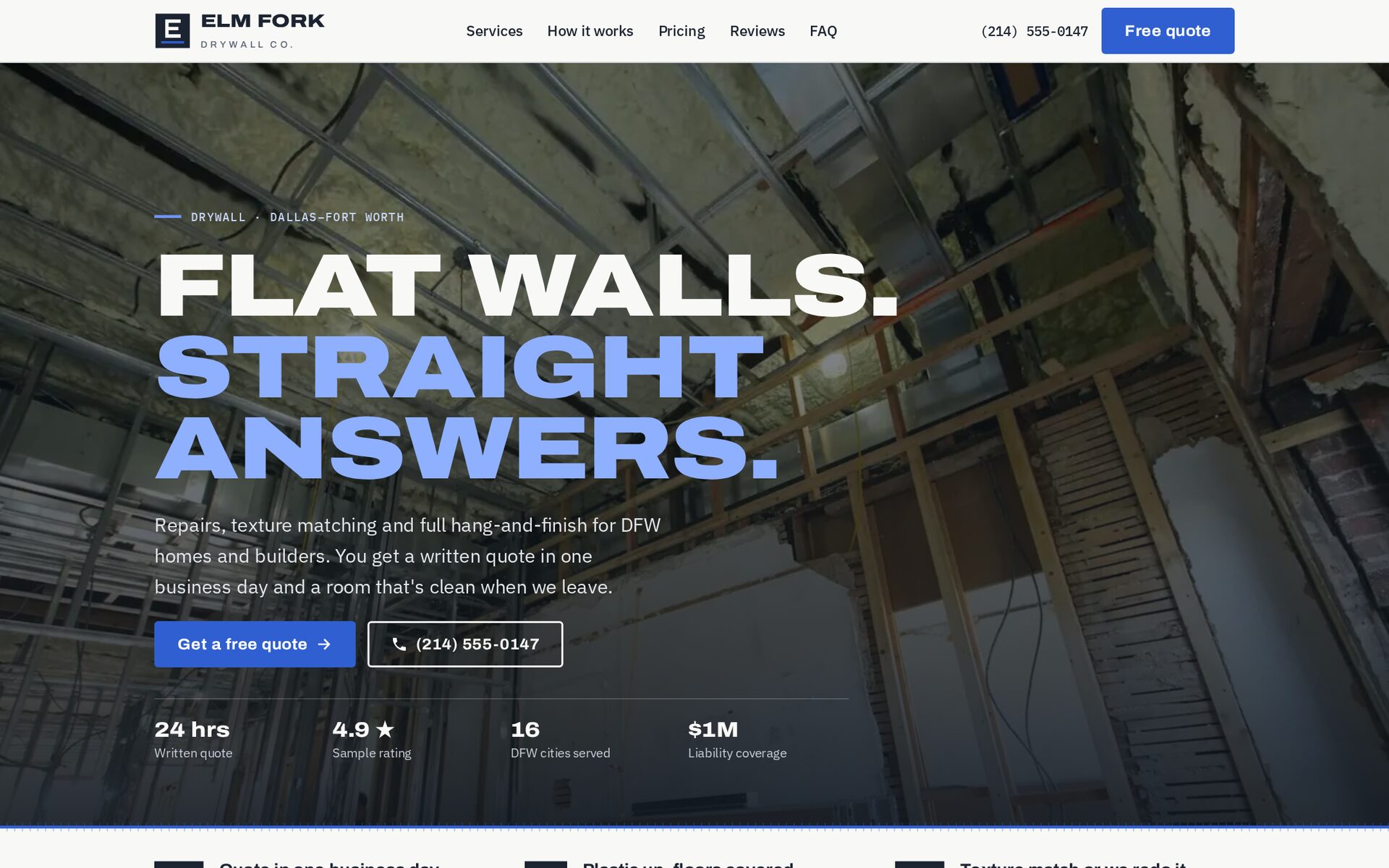 The Elm Fork Drywall homepage on a desktop screen, with the headline Flat walls. Straight answers.